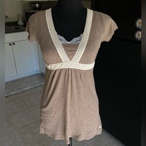 Abercrombie NWT light brown embroidered lace babydoll short sleeve top.